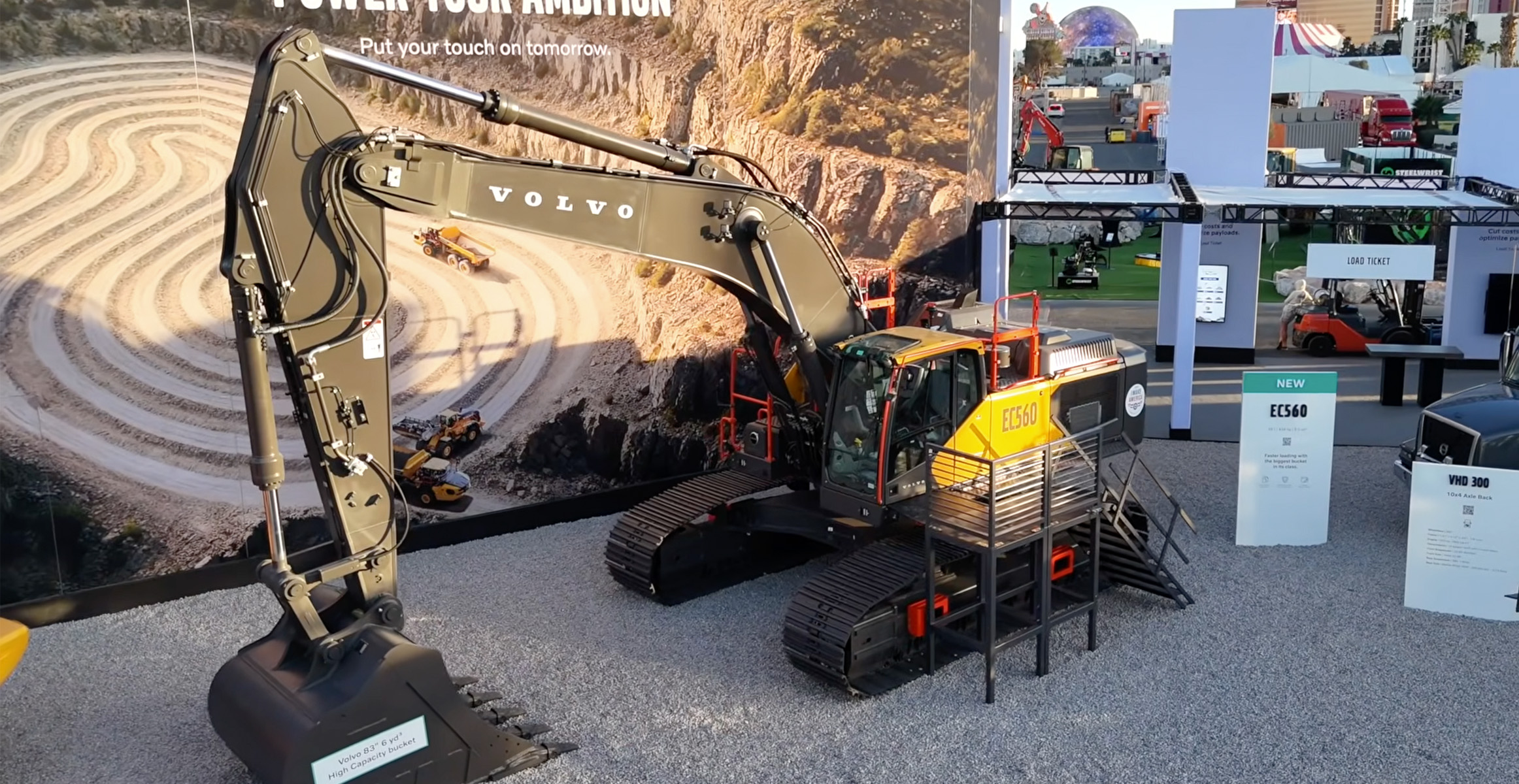 A Volvo EC560 crawler excavator on display in the Volvo Construction Equipment booth at CONEXPO 2026.