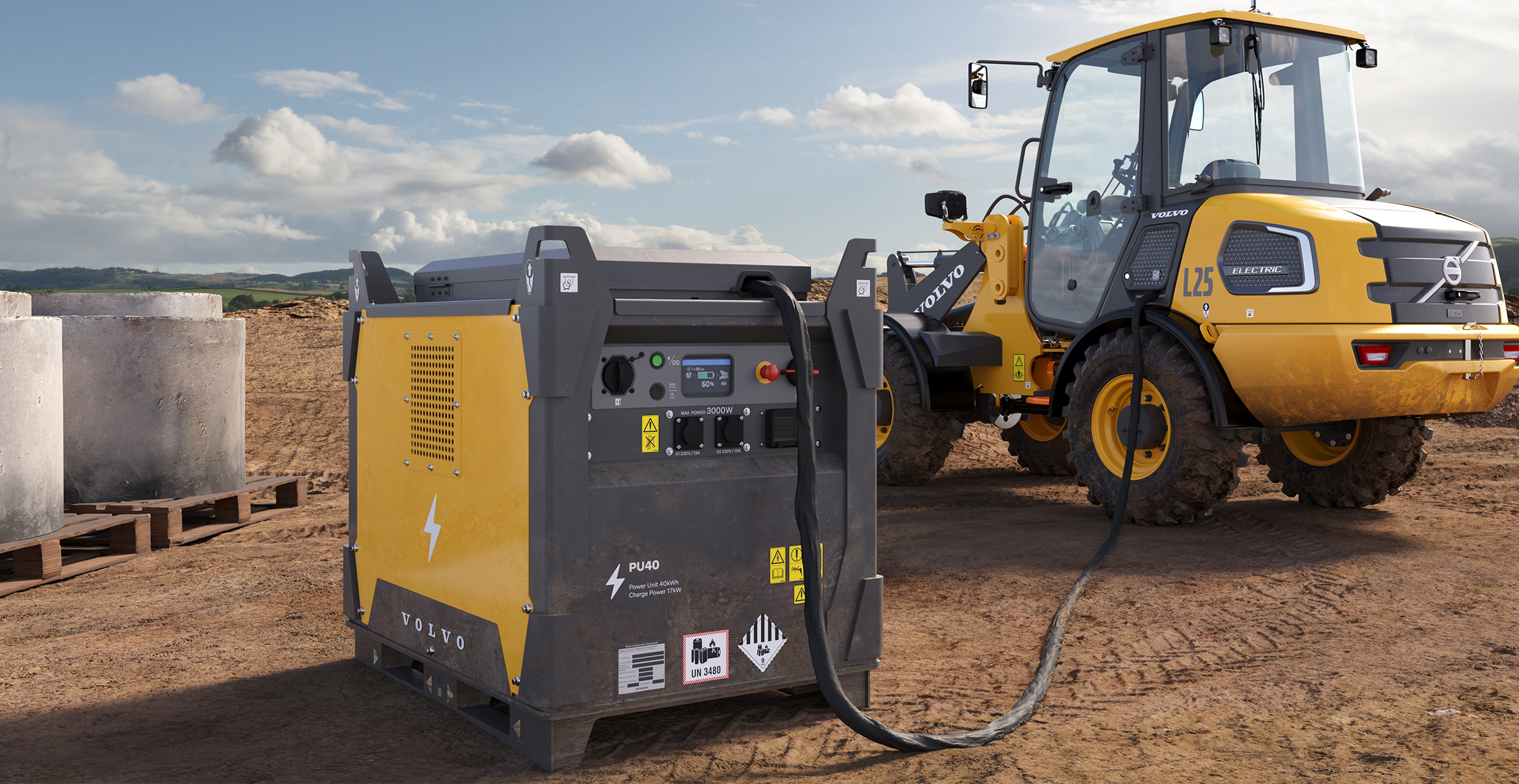 A Volvo L25 Electric wheel loader charging on a Volvo PU40 portable charging unit. 