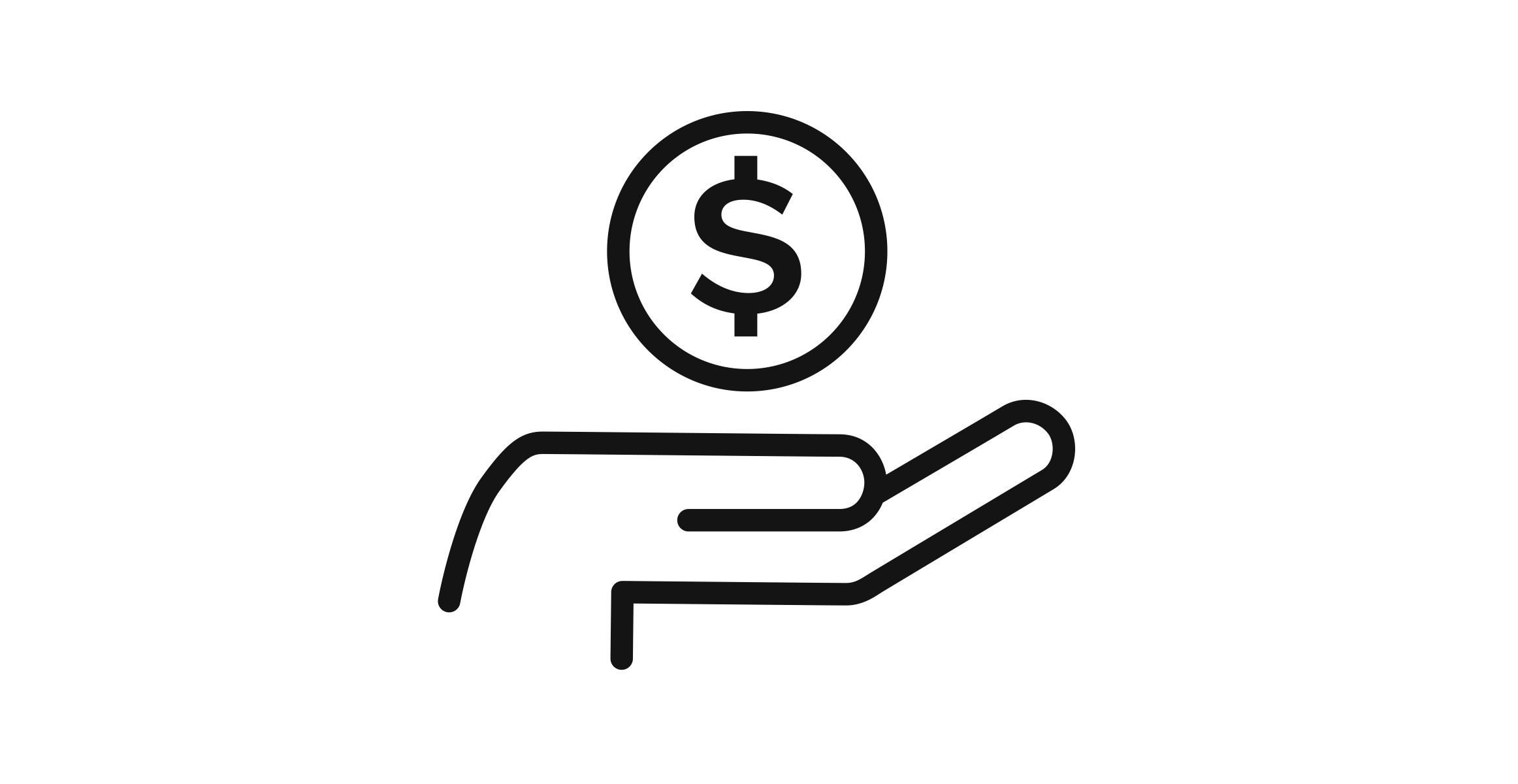 A black and white icon of a hand holding up a dollar sign inside a circle. 