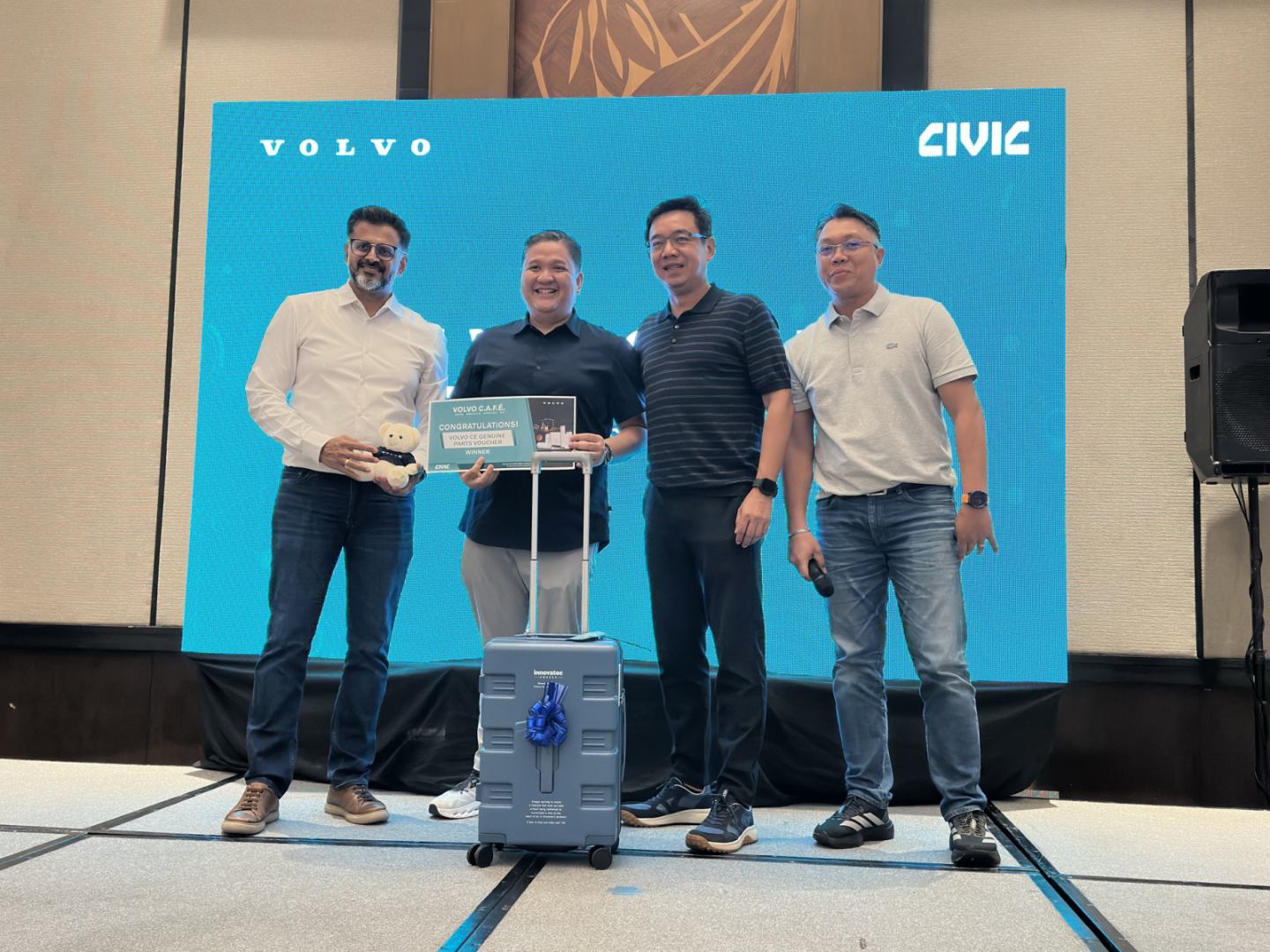 Celebrating customers at the C.A.F.E. event. Left to right are: Rakesh Ram Gopal, Head of Market Philippines, Taiwan, Brunei at Volvo CE; Bryan Borja President and CEO of Best Trucking and Transport Company Philippines; Ronald Yao, Vice President Machine Sales, Civic Merchandising; Jessrel Sual, Branch Manager Cebu, Civic Merchandising.